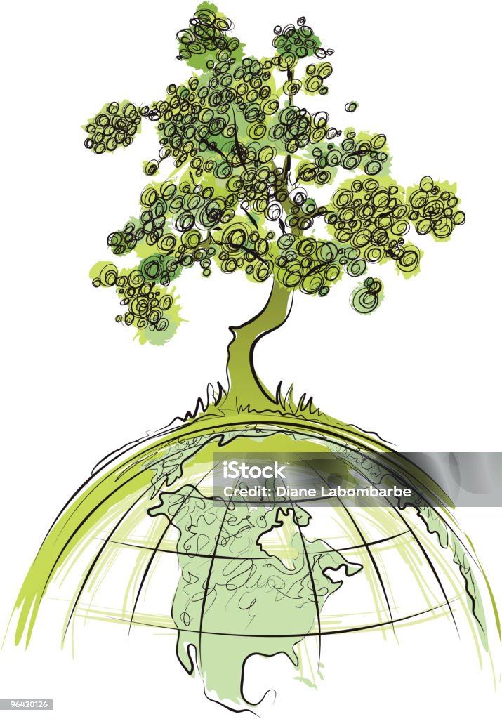 Environment - Green Earth tree growing on top of Globe Environmental concept image. Green Living - North America. Sketchy style deciduous tree with paint splotch leaves growing on top of world globe representing environmental green world concept. Globe illustration has latitude and longitude grid lines running horizontal and vertical. Environmental concept image...green world.  Sketch stock vector