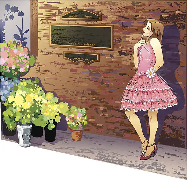 Vector illustration of Young Woman Posing Outside Florist Shop