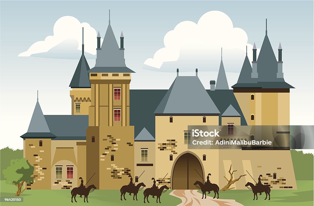 Château de dessin animé avec les gens et les chevaux à l'extérieur - clipart vectoriel de Château libre de droits