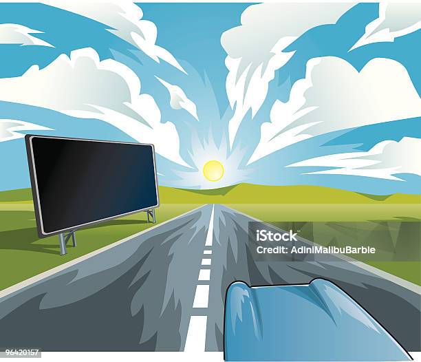 Ilustración de Dibujos Animados De Conducción De Coche Por La Carretera Con Cartel En Blanco y más Vectores Libres de Derechos de En movimiento