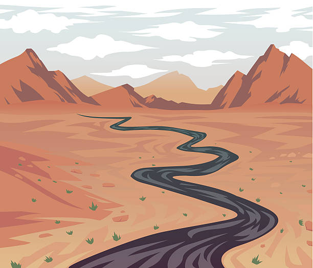 kreskówka, pustynia droga wiodąca na kanion - desert road mountain canyon stock illustrations