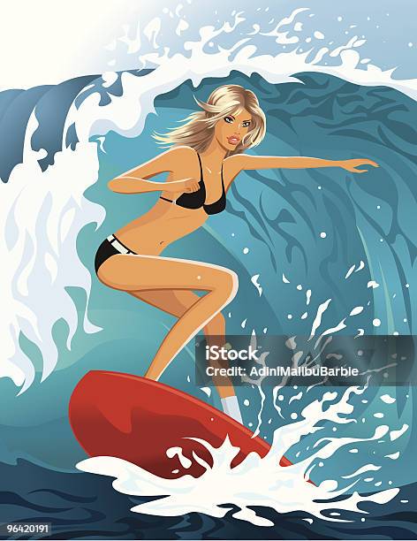若い女性の波でサーフィンバレル - サーフィンのベクターアート素材や画像を多数ご用意 - サーフィン, ベクター画像, 官能