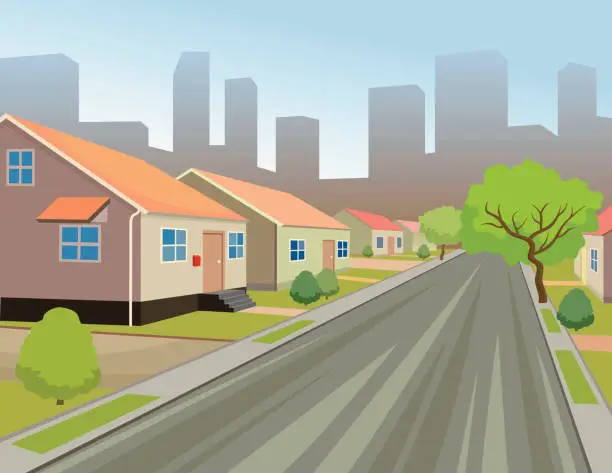 Vector illustration of Suburban City Street on Skyline Background