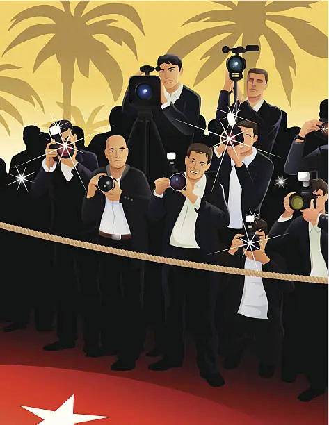 Vector illustration of Cartoon Paparazzi on Red Carpet with Palm Tree Background