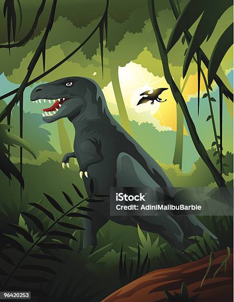 Tyrannosaurus Rex W Dżungli - Stockowe grafiki wektorowe i więcej obrazów Dinozaur - Dinozaur, Dowcip rysunkowy, Las