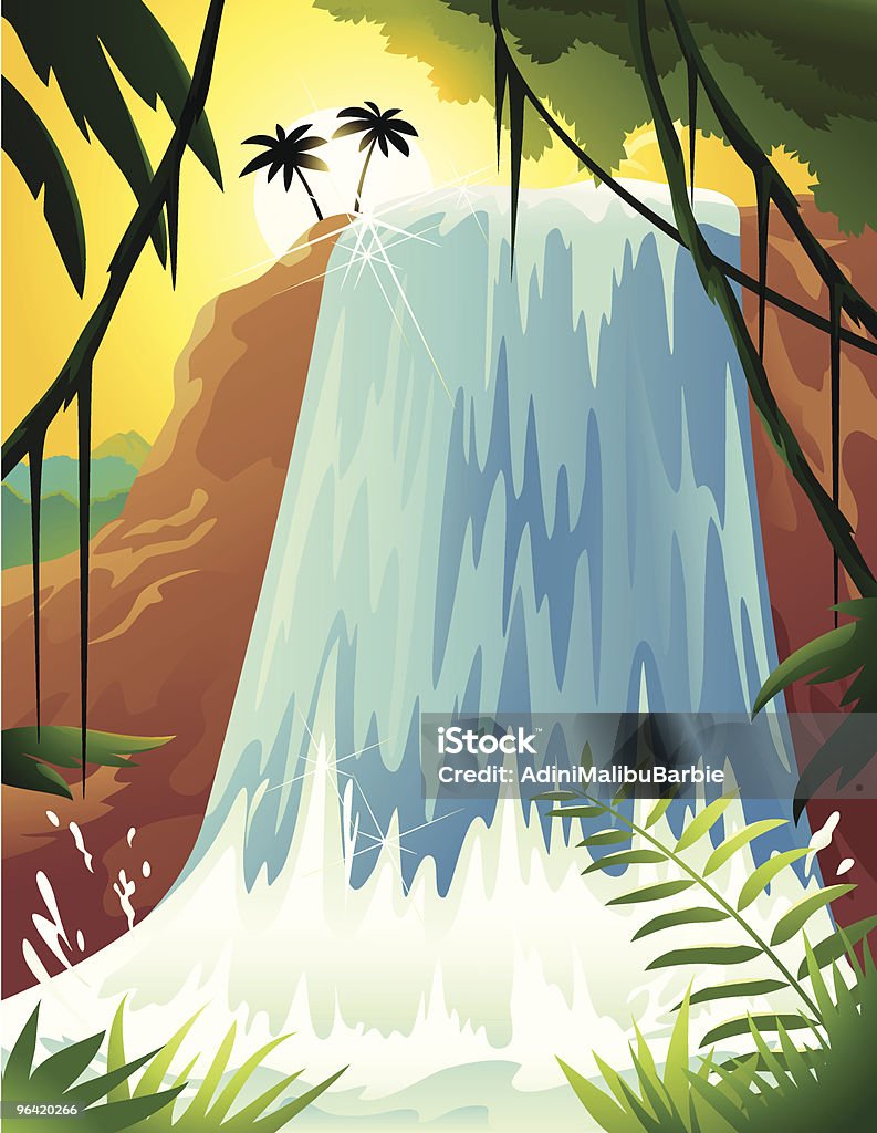 Мультяшный тропический Водопад с пальмами и листьями папоротника - Векторная графика Водопад роялти-фри