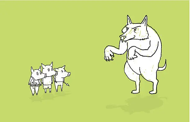 Vector illustration of Three Little Pigs and the Big Bad Wolf.