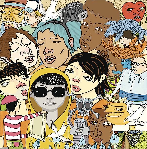 Drawing of a great variety of people A whole load of eccentric doodles! Makes for an awesome background because the file can be cropped and scaled to any size. Additionally, with a simple unmasking the characters are grouped individually and can be used all on their own. Please visit my portfolio for related images.   teenage girls illustrations stock illustrations