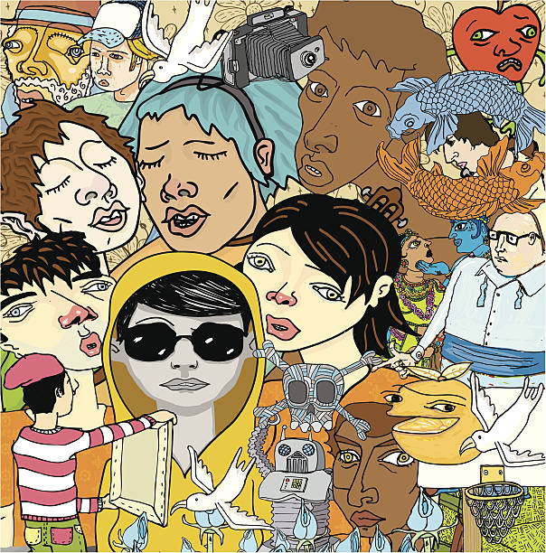 Drawing of a great variety of people A whole load of eccentric doodles! Makes for an awesome background because the file can be cropped and scaled to any size. Additionally, with a simple unmasking the characters are grouped individually and can be used all on their own. Please visit my portfolio for related images. teenager doodle stock illustrations