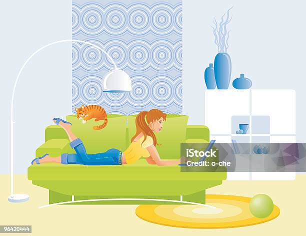 Mädchen Mit Laptop Auf Dem Sofa Liegende Stock Vektor Art und mehr Bilder von Auf dem Bauch liegen - Auf dem Bauch liegen, Schreiben, Sofa