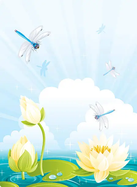 Vector illustration of Dragonflies and Water Lilies with Clouds