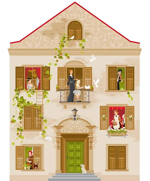 Vector illustration of Stone house with people in windows