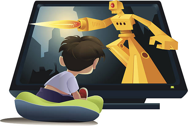 TV Blast A child watches intense 3-d sci-fi robot mayhem on the television. kids watching tv stock illustrations