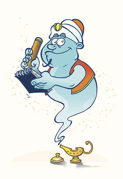 ilustraciones, imágenes clip art, dibujos animados e iconos de stock de genio toma nota de su deseo de pedido - magic lamp genie lamp smoke