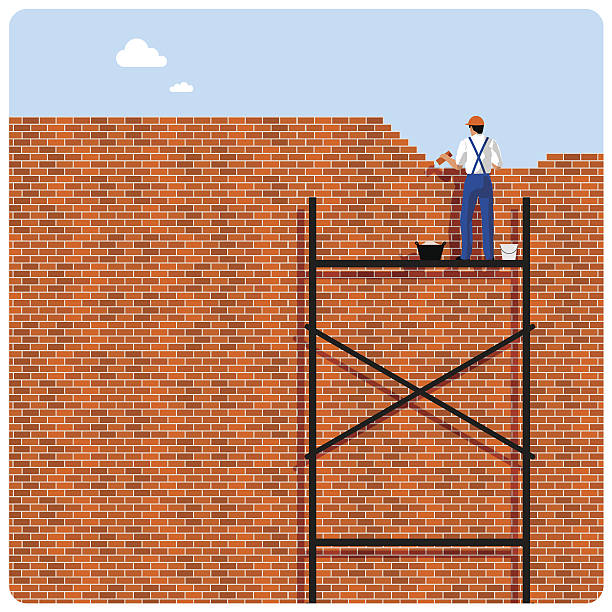 ilustrações, clipart, desenhos animados e ícones de parede de tijolos-papel - brick construction construction site bricklayer