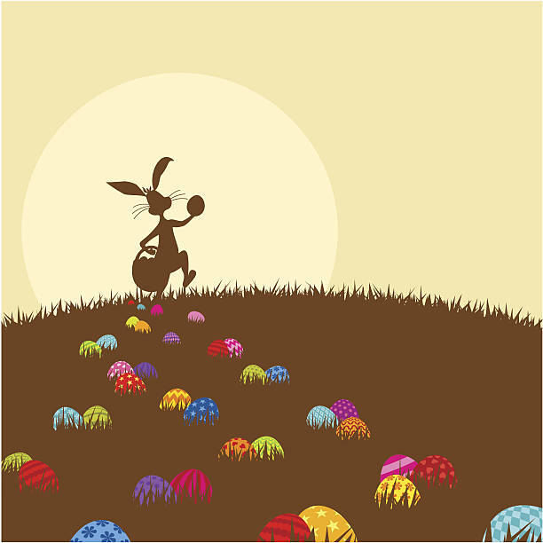 illustrazioni stock, clip art, cartoni animati e icone di tendenza di coniglietto di pasqua e easteregg dipinte in colori cioccolato - easter bunny easter grass sunlight