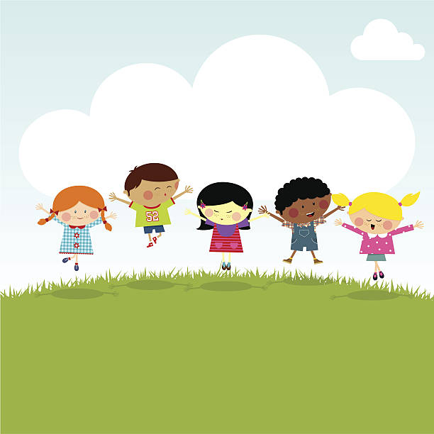 Kids on the hill happy jumping vector illustration myillo http://i681.photobucket.com/albums/vv179/myistock/friend.jpg womens field event stock illustrations