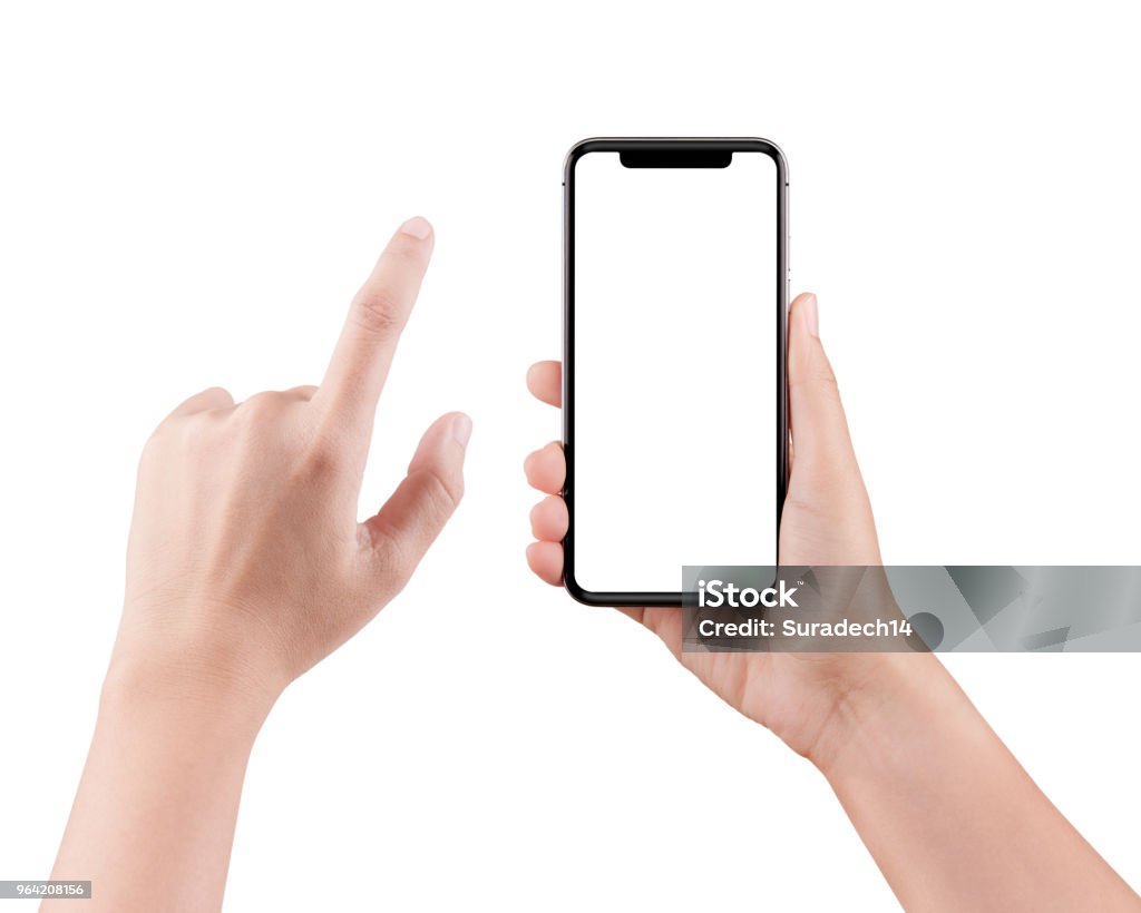 Isolierten weiblichen Hand, die ein Handy mit Beschneidungspfad, Frau Tippen auf Handy isoliert auf weißem Hintergrund. - Lizenzfrei Hand Stock-Foto