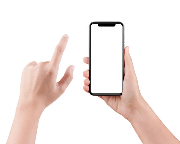 Isolated female hand holding a cellphone with clipping path, Woman typing on mobile phone isolated on white background. stock photo