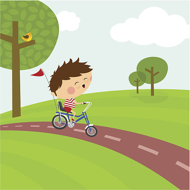 Happy boy riding una bicicleta. Ciclo de path y de la naturaleza - ilustración de arte vectorial