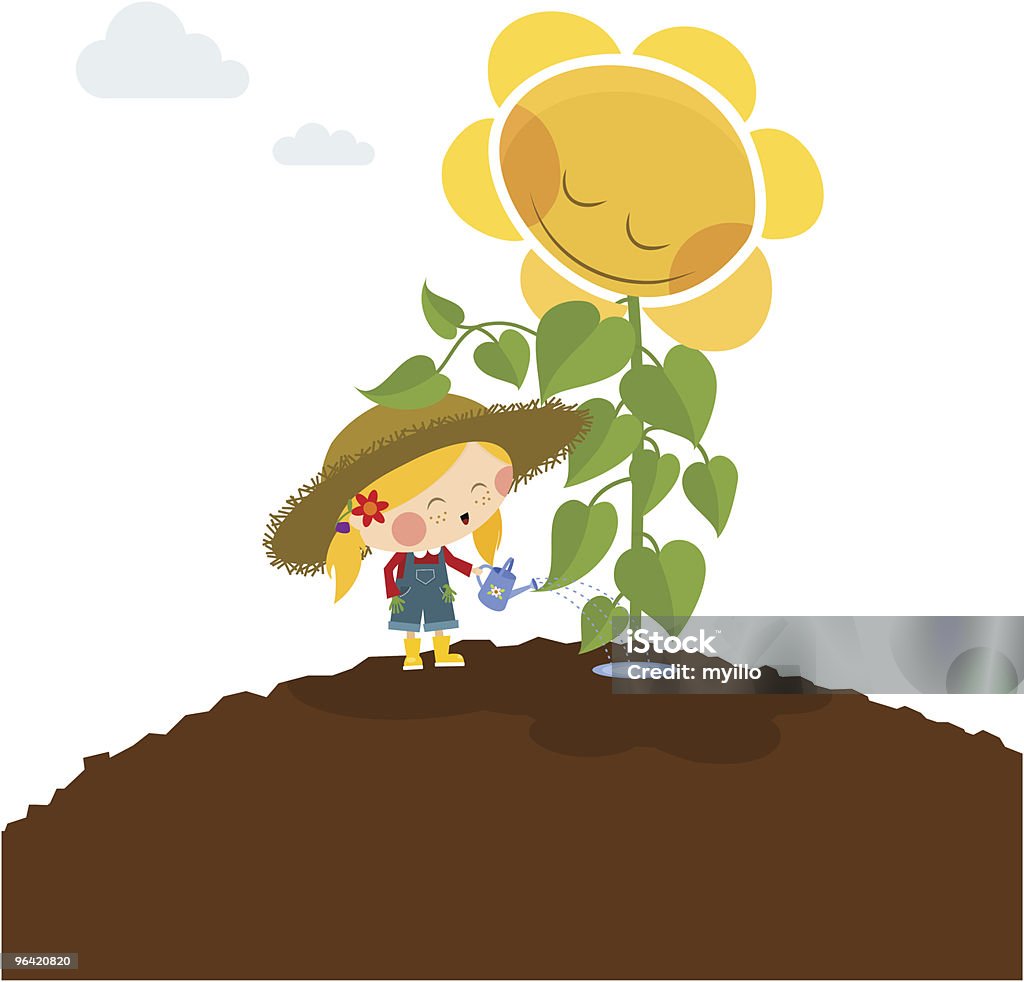 Glückliches kleines Mädchen mit Sonnenblume. Love Garten - Lizenzfrei Sonnenblume Vektorgrafik