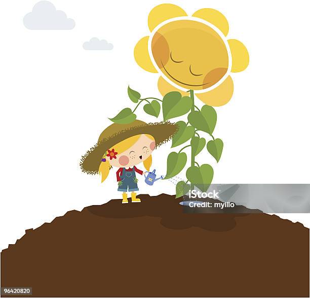 Счастливый Маленькая Девочка С Желтый Нравится Работать В Саду — стоковая векторная графика и другие изображения на тему Подсолнух