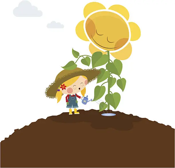 Vector illustration of happy little girl with sunflower. Love gardening