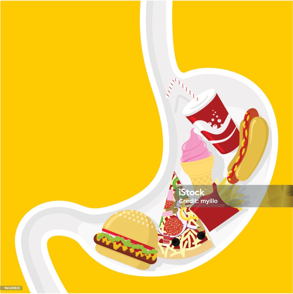 pizza, Fast food hamburger hot-dog soda obesità Illustrazione vettoriale - arte vettoriale royalty-free di Stomaco