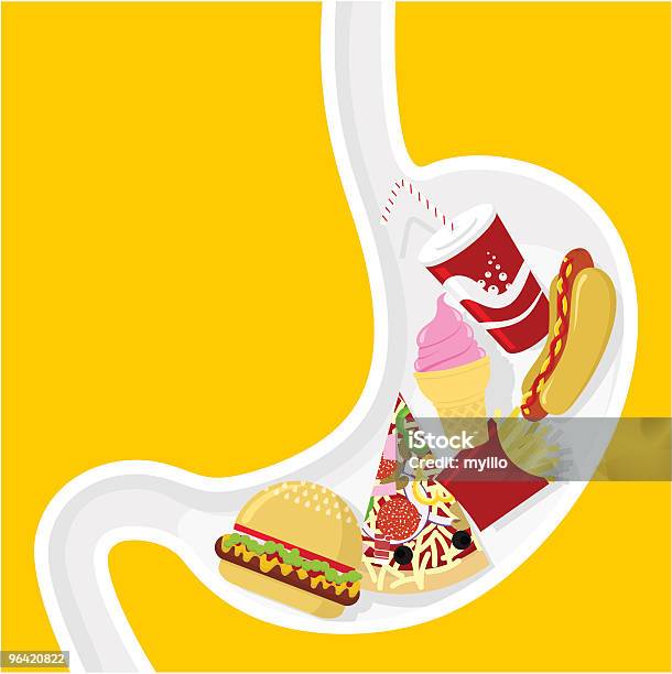 Pizza Fast Food Hamburger Hotdog Soda Obesità Illustrazione Vettoriale - Immagini vettoriali stock e altre immagini di Stomaco