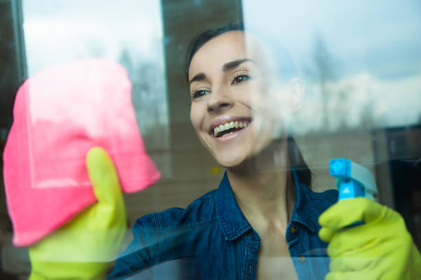 istock Beautiful Young Woman is Using a Duster and a Spray and Smiling While Cleaning Windows in the House 964208294