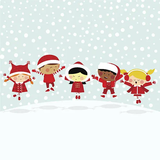 Vector illustration of Kids in the snow.Multicultural