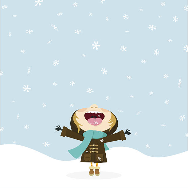 illustrazioni stock, clip art, cartoni animati e icone di tendenza di la magia della neve. bambino mangia fiocchi di neve. inverno. - one baby girl only