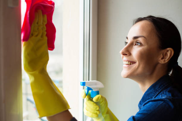 istock Beautiful Young Woman is Using a Duster and a Spray and Smiling While Cleaning Windows in the House 964208686