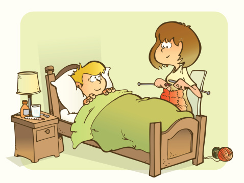 A mother taking care of her sick son on the bed while knitting. Some medicine are on the bed table, and the mother and his son is looking each other.