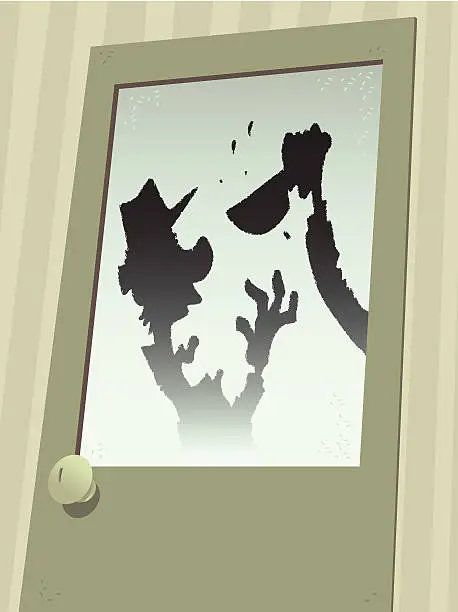 Vector illustration of man is attacked with a knife behind a frosted glass door