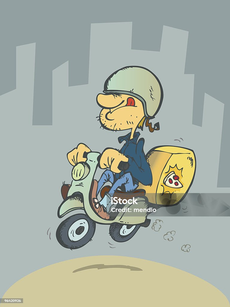 Młody człowiek dostarczanie pizzy na motocykl - Grafika wektorowa royalty-free (Kierować)