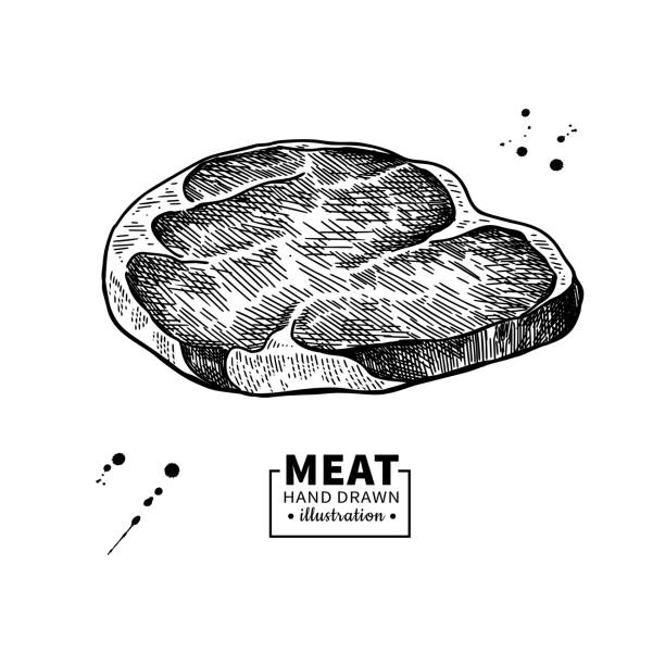 illustrazioni stock, clip art, cartoni animati e icone di tendenza di disegno vettoriale di bistecca di manzo crudo. schizzo disegnato a mano in carne rossa. illustrazione di cibo inciso. - steak meat raw beef