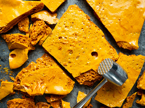 close up of rustic homemade golden honeycomb toffee