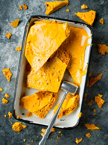 close up of rustic homemade golden honeycomb toffee