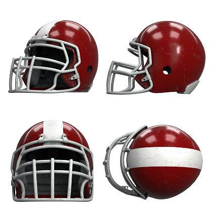 Set of Old American Football Helmets. Red helmet with dirt and scratches. All view. Oldschool Used Sport Equipment. 3D render Illustration isolated on a white background.