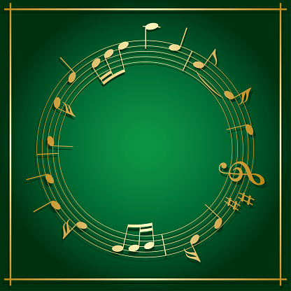 emerald green vector background with round music frame - gold decorations