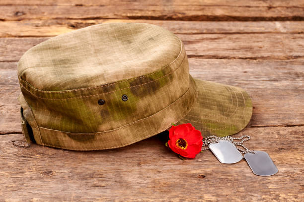 istock Military cap, red poppy and dog tags. 964216186