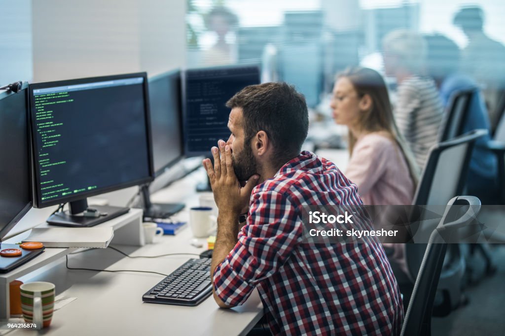 Computer Program Poor Worried Programmer Having Problems While Working On New Computer ...