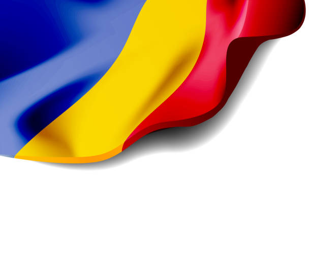 istock Waving flag of Romania close-up with shadow on white background. Vector illustration with copy space 964217134