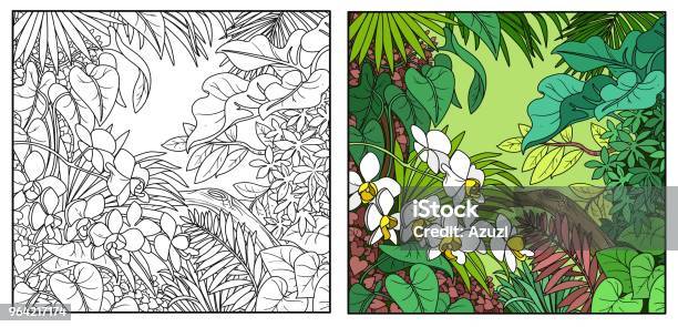 Wild Jungle Color And Black Contour Line Drawing For Coloring On A White Background Stock Illustration - Download Image Now