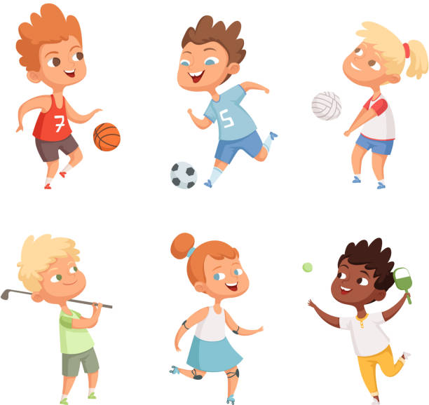 ilustraciones, imágenes clip art, dibujos animados e iconos de stock de actividad de los deportes al aire libre de los niños en acción - people young adult child football