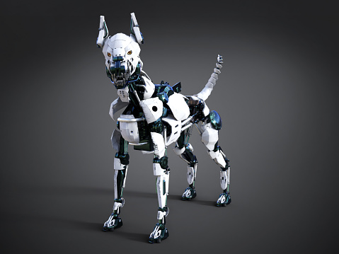 3D rendering of a futuristic mean looking robot dog. Dark background.
