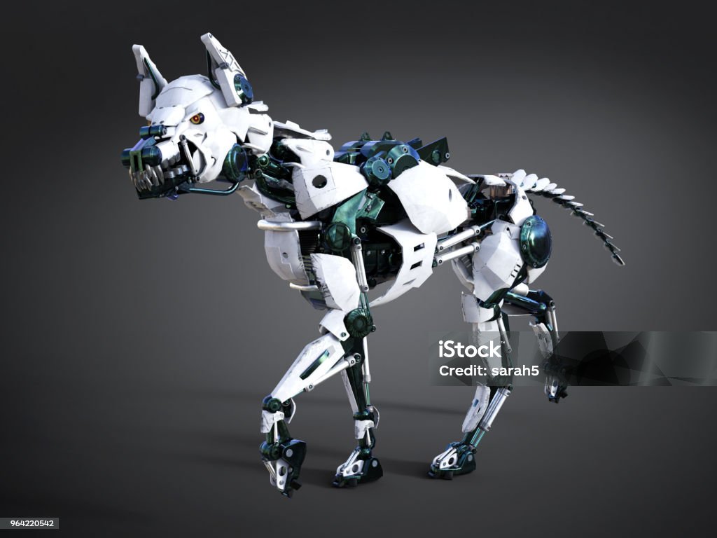 3D rendering of a futuristic robot dog. 3D rendering of a growling futuristic mean looking robot dog. Dark background. Robot Stock Photo 3D rendering of a futuristic robot dog. 3D rendering of a growling futuristic mean looking robot dog. Dark background. Robot Stock Photo