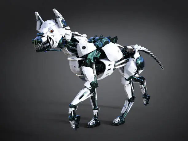 3D rendering of a growling futuristic mean looking robot dog. Dark background.