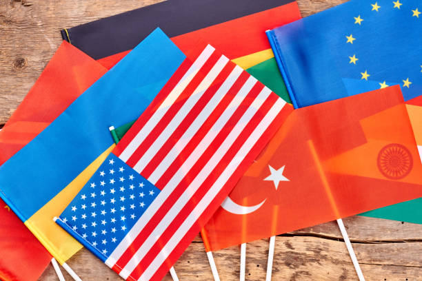 istock Assemble of flags pile top view. 964223516